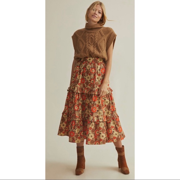 Anthropologie Stella Pardo Retro Floral Tiered Midi Skirt NWT New M *Run… - Picture 2 of 16